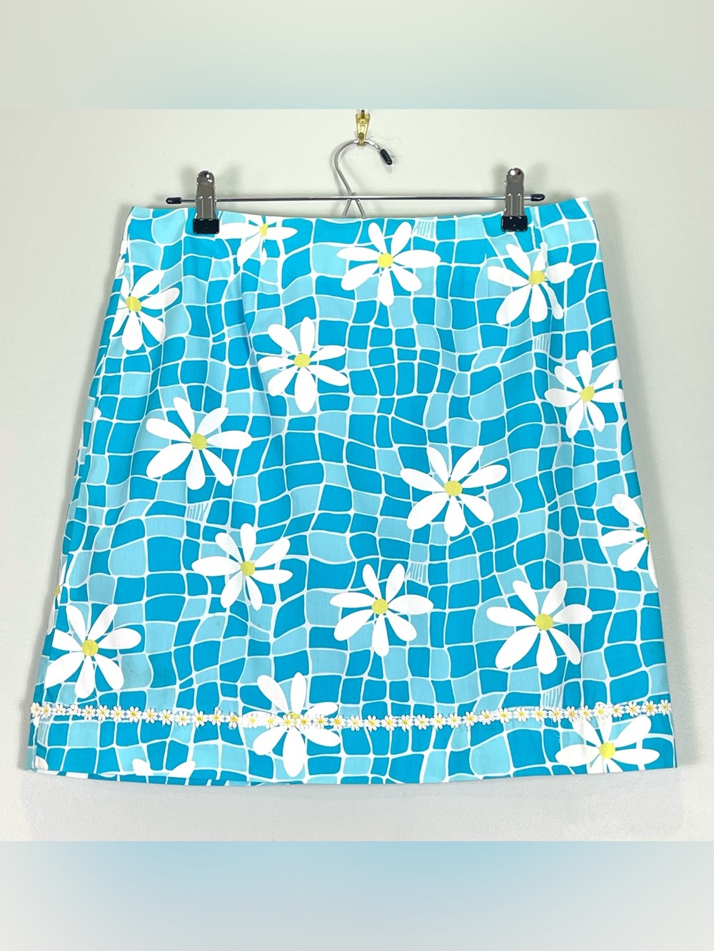 LILLY PULITZER Turquiose Blue Mosaic Daisy Print Lined Daisy Lace Trim Size 10
